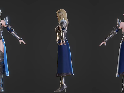 Three Quarter Views Of Female Character In Silver Armor Blue Dress And Golden Hair 3d model