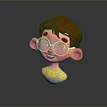 Cartoon Man with Brown Hair Wearing Large Round White Glasses Yellow Shirt Gray Overalls Smiling