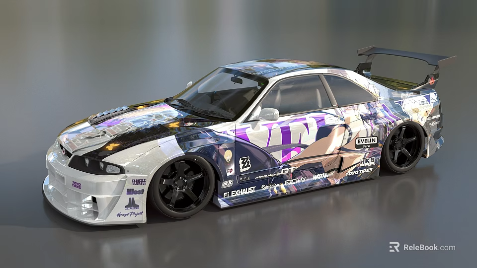 Colorful Modified Sports Car with Custom Decals Rear Spoiler and Black Wheels 3d model 