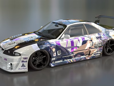 Colorful Modified Sports Car with Custom Decals Rear Spoiler and Black Wheels 3d model