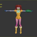 3D Character Model With Pigtails Orange Jumpsuit Blue Gloves And Outstretched Arms