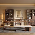 Traditional Tea Room Interior With Wooden Table Bookshelves Tea Sets Calligraphy And Floor Lamp