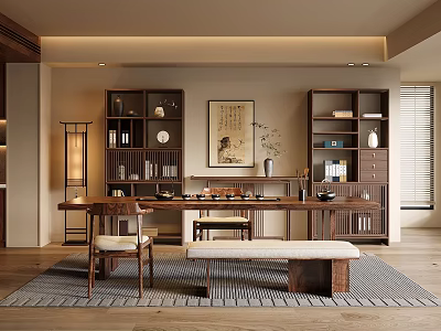 Traditional Tea Room Interior With Wooden Table Bookshelves Tea Sets Calligraphy And Floor Lamp 3d model
