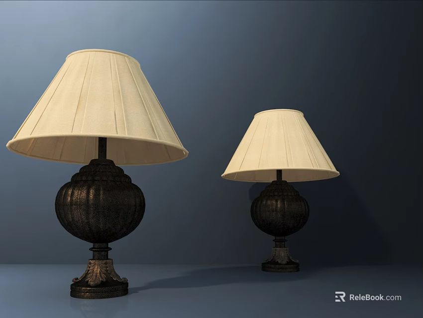 Two Classic Table Lamps With Cream Lampshades And Decorative Dark Bases On Dark Background 3d model 