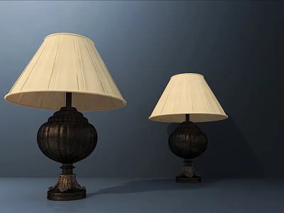 Two Classic Table Lamps With Cream Lampshades And Decorative Dark Bases On Dark Background 3d model