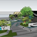 Starry Night Garden Landscape With Modern Architecture Green Plants Trees Water Pool And People Walking