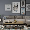 Gray Sofa and Coffee Table Combination with Fruit Decor Items Wall Art and Geometric Patterned Rug 3d model