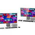 Two Modern Computer Monitors With Colorful Screens Keyboard Mouse And Speaker Setup 3d model