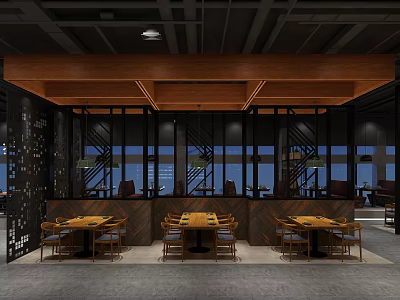 Contemporary Restaurant Interior Design With Wooden Tables Chairs And Floor To Ceiling Windows 3d model