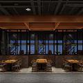 Contemporary Restaurant Interior Design With Wooden Tables Chairs And Floor To Ceiling Windows