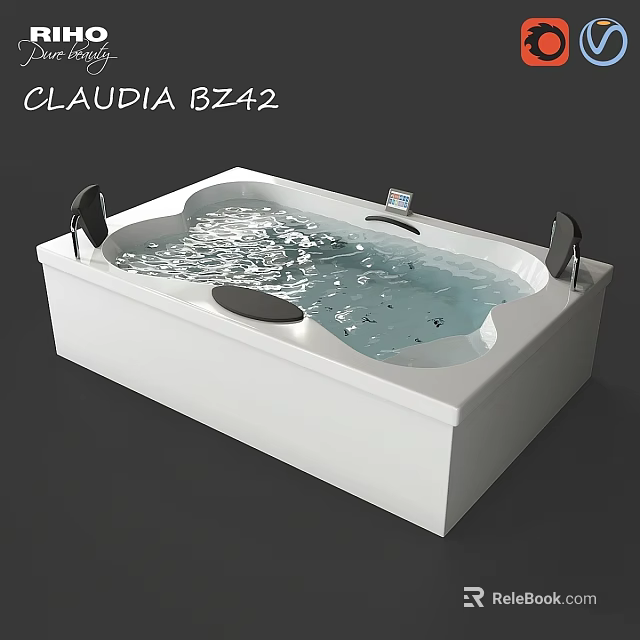 CLAUDIA BZ42 White Rectangular Bathtub With Whirlpool Massage Jets And Flowing Water 3d model 