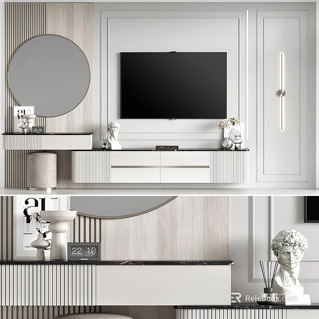 Modern TV Background Wall With Circular Mirror Decorative Figurines And White Cabinet Design 3d model 