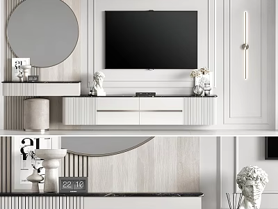 Modern TV Background Wall With Circular Mirror Decorative Figurines And White Cabinet Design 3d model