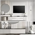 Modern TV Background Wall With Circular Mirror Decorative Figurines And White Cabinet Design