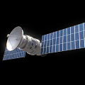 Sci Fi Game Movie Character Satellite With Solar Panels White Body Against Black Background