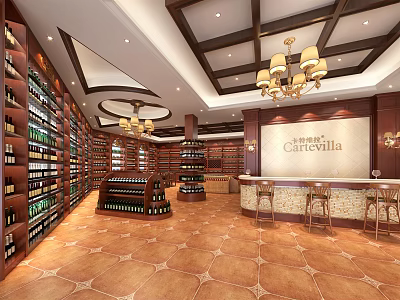 Luxury Wine Cellar Interior With Wooden Racks Chandeliers And Bar Counter 3d model