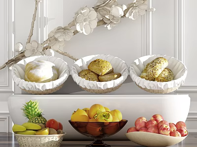 Assorted Fresh Fruits Display With Pineapple Bananas Grapes And Peaches In Bowls On Kitchen Counter 3d model