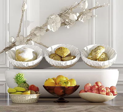 Assorted Fresh Fruits Display With Pineapple Bananas Grapes And Peaches In Bowls On Kitchen Counter 3d model