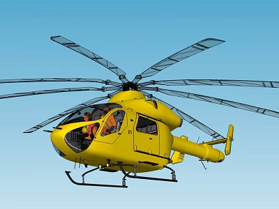 Yellow Helicopter With Large Rotors Flying In Clear Blue Sky 3d model