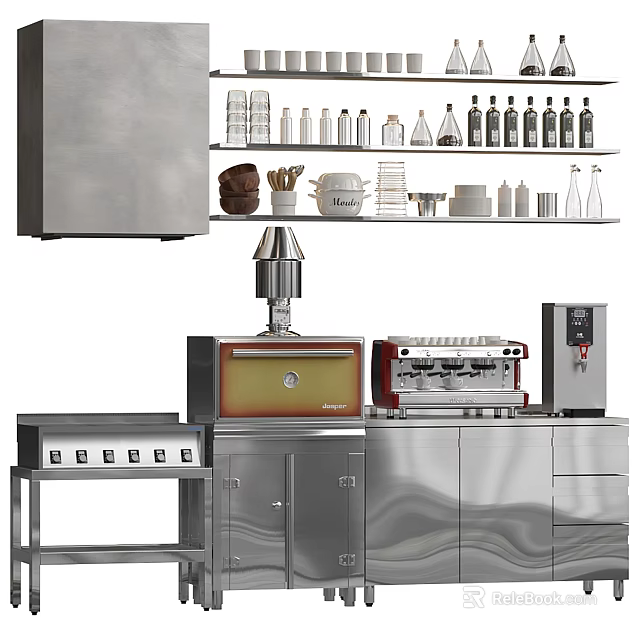 Stainless Steel Modern Kitchen With Coffee Machine Oven And Shelves Holding Bottles Cups 3d model 