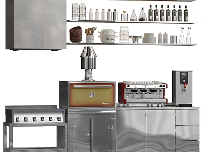 Stainless Steel Modern Kitchen With Coffee Machine Oven And Shelves Holding Bottles Cups 3d model