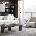 Modern Living Space White Sofa And Coffee Table Set With Floor Lamp And Large Window