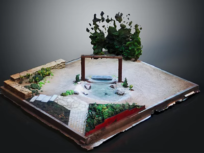 Cartoon Style Miniature Garden Scene With Pond Wooden Archway Green Plants And Stone Path 3d model