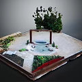 Cartoon Style Miniature Garden Scene With Pond Wooden Archway Green Plants And Stone Path