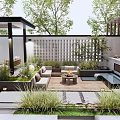 Modern Courtyard Garden Design With Wooden Deck Seating Area Greenery Lattice Wall And Lighting