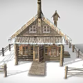 Traditional European Log Architecture Featuring Gabled Roof Snow Covered Icicles Wooden Fence And Decorative Windows