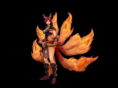Fantasy Nine Tailed Fox Spirit Character With Flaming Red Tails And Ornate Warrior Attire 3d model