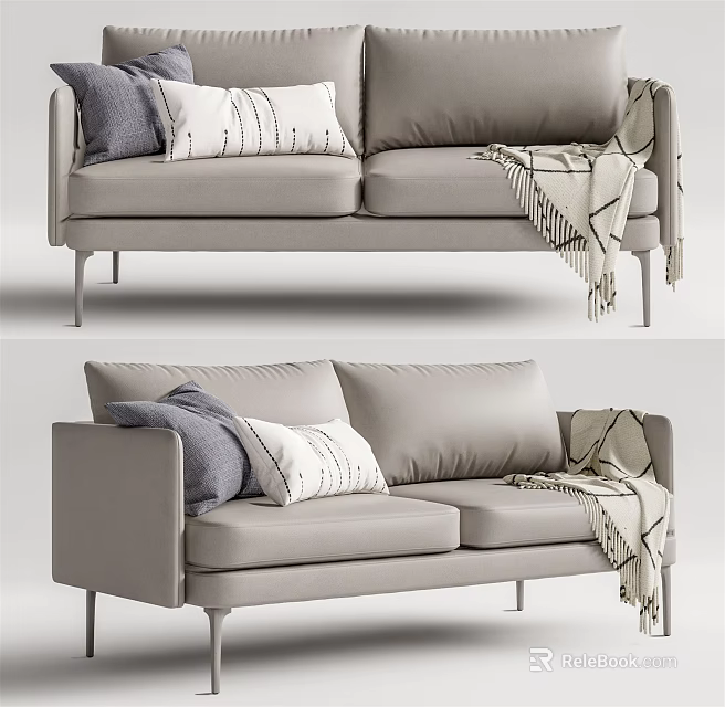 Stylish Modern Two-Seater Sofa In Gray Fabric With Decorative Pillows And Throw Blanket 3d model 