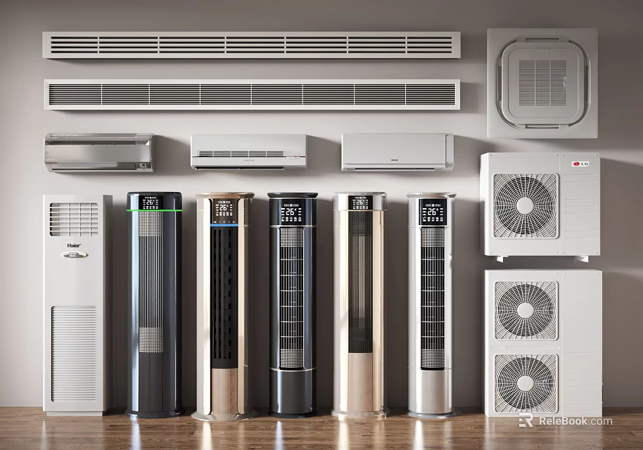 Various Air Conditioners and Fans Types Including Wall Mounted Floor Standing Window Units Outdoor Compressors 3d model 