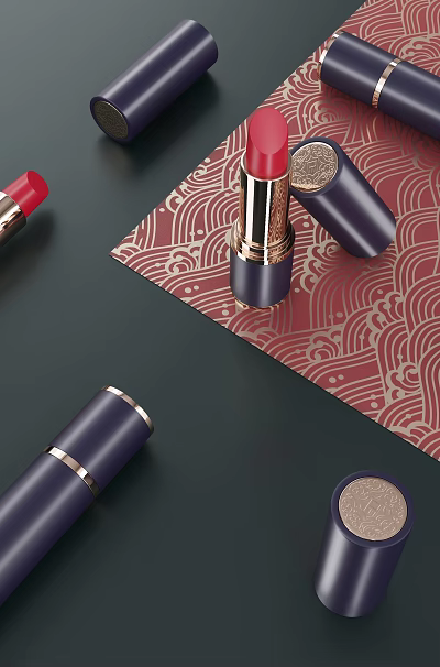 Elegant Luxury Red Lipsticks With Dark Blue Cases And Wave Pattern Background 3d model Elegant Luxury Red Lipsticks With Dark Blue Cases And Wave Pattern Background 3d model