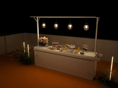 Outdoor Food Stall Display With Assorted Food Items Hanging Lights And Decorative Plants 3d model