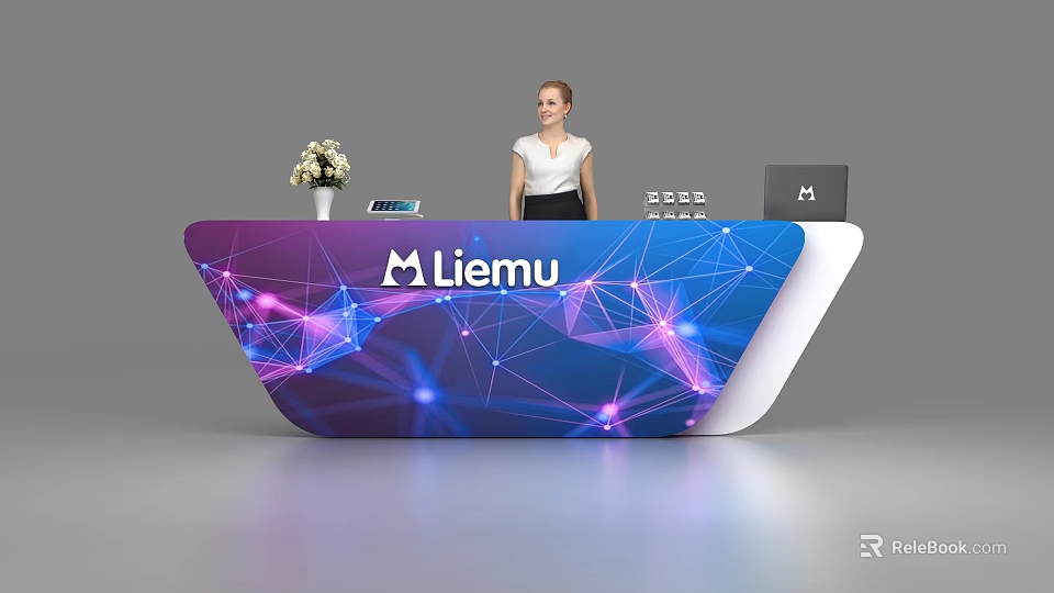 Modern Reception Desk With Blue Purple Network Patterns Flower Vase Laptop Calculator And Staff 3d model 