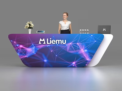 Modern Reception Desk With Blue Purple Network Patterns Flower Vase Laptop Calculator And Staff 3d model
