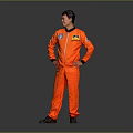 Man in orange spacesuit standing with hands on hips against dark background with NASA logo