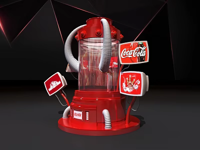 Red Coca-Cola Themed Display Machine With Transparent Section Gray Tubes And Surrounding Logos 3d model