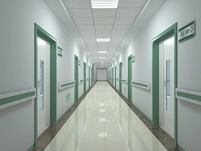 Clean Bright Elevator Corridor With White Walls Green Door Frames And Ceiling Lights 3d model