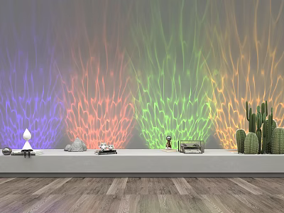 Decorative Lights With Colorful Flowing Line Projections On Wall And Small Ornaments Cacti Below 3d model