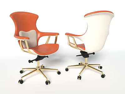 Modern Office Chair with Orange and White Upholstery Armrests and Golden Metal Base Casters 3d model
