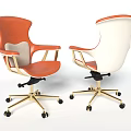 Modern Office Chair with Orange and White Upholstery Armrests and Golden Metal Base Casters