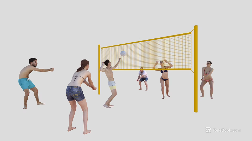 Group of People Playing Volleyball Over Yellow Net With Dynamic Movements 3d model 