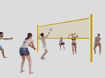 Group of People Playing Volleyball Over Yellow Net With Dynamic Movements 3d model