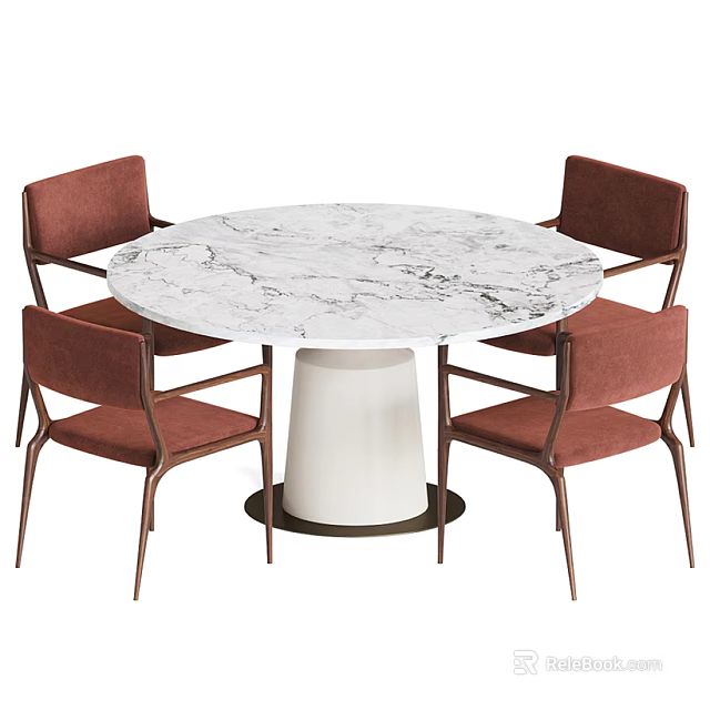 Modern Round Dining Table Set With Marble Top Brown Frame And Red Cushion Chairs 3d model