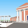 Historic Classical Ancient Architecture With White Colonnade Red Walls And Blue Door