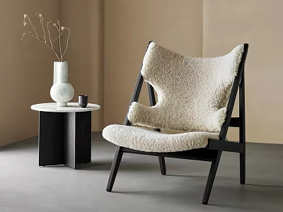 Sheepskin Accent Chair With Black Wooden Frame Small Round Side Table White Vase 3d model