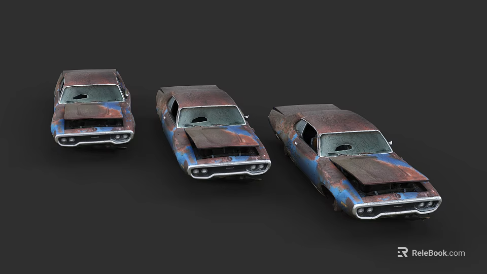 Three Rusty Vintage Cars with Blue and Brown Rust Parked Against Dark Background 3d model 