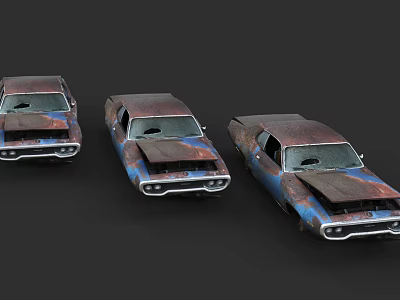 Three Rusty Vintage Cars with Blue and Brown Rust Parked Against Dark Background 3d model